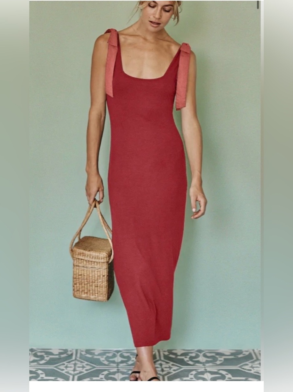 Summersalt Soft Ribbed Tie Shoulder Midi Dress